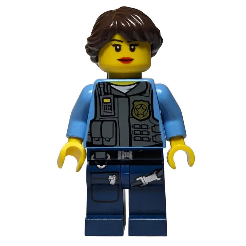 Policewoman, Dark Bluish Gray Vest with Radio, Badge and Pouches over Medium Blue Shirt, Dark Brown Hair