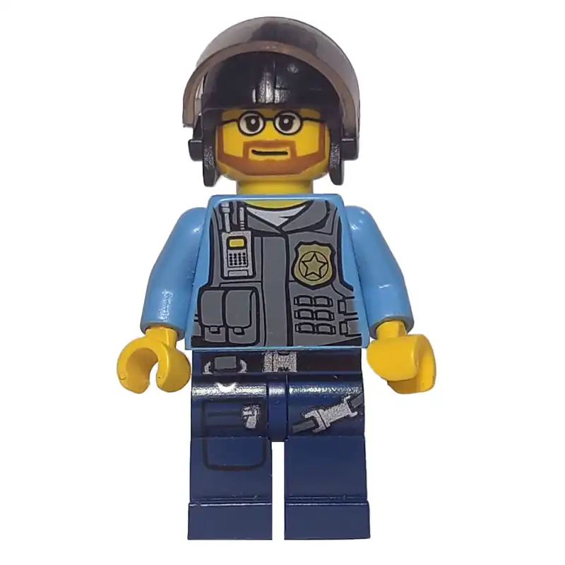 Policeman, Dark Bluish Gray Vest with Radio, Badge and Pouches over Medium Blue Shirt, Black Helmet with Visor, Beard and Glasses