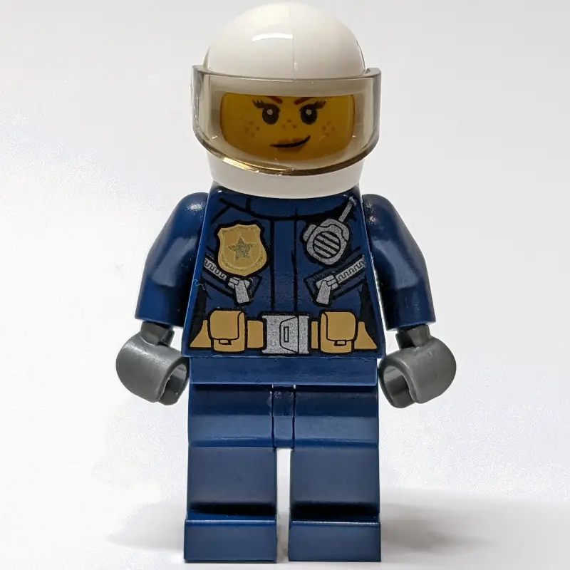 Policewoman, Dark Blue Jacket with Radio and Badge, White Helmet with Visor  (3626cpr2589 Head)
