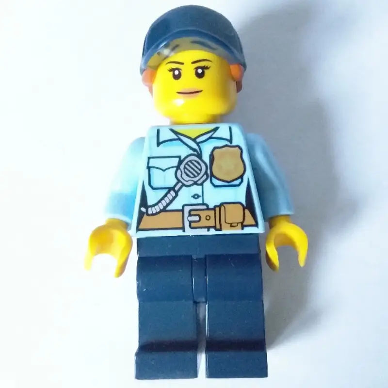 Policewoman, Bright Light Blue Shirt with Radio and Badge, Dark Blue Legs, Dark Blue Cap with Hair
