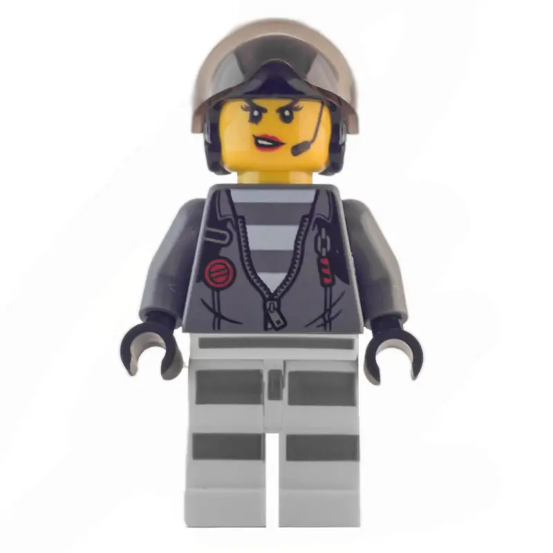 Criminal, Woman, Open Dark Bluish Gray Jacket with Zipper over Prison Shirt, Black Helmet with Visor