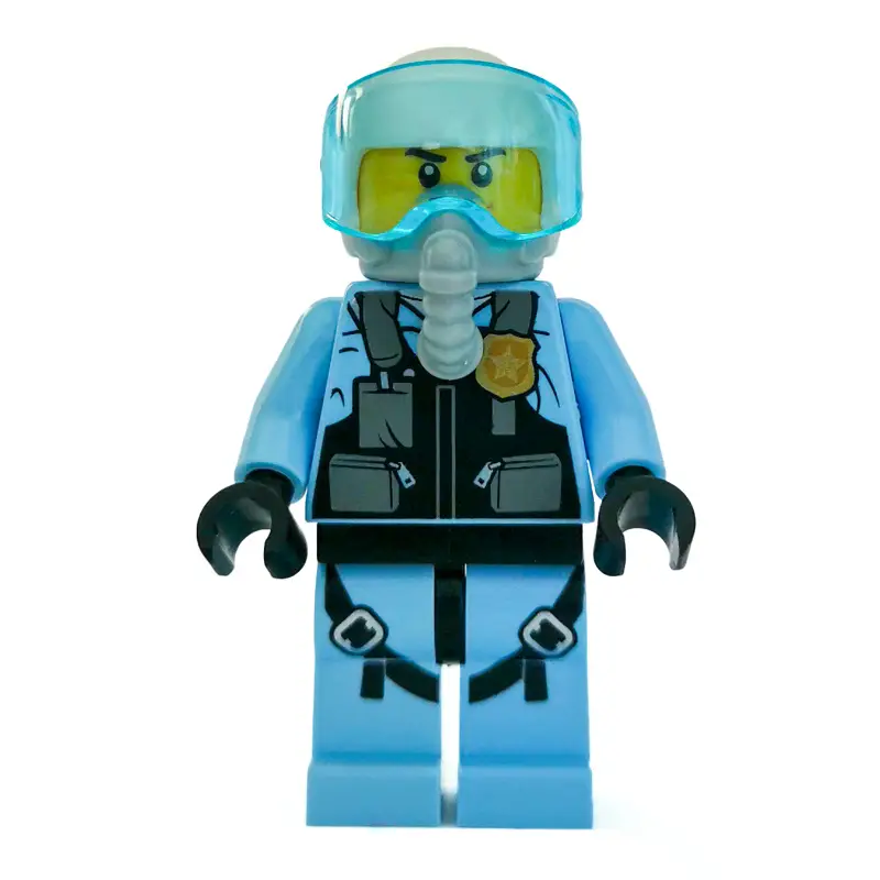 Policeman, Black Vest with Badge and Pouches over Bright Light Blue Shirt, White Helmet with Visor, Breathing Apparatus