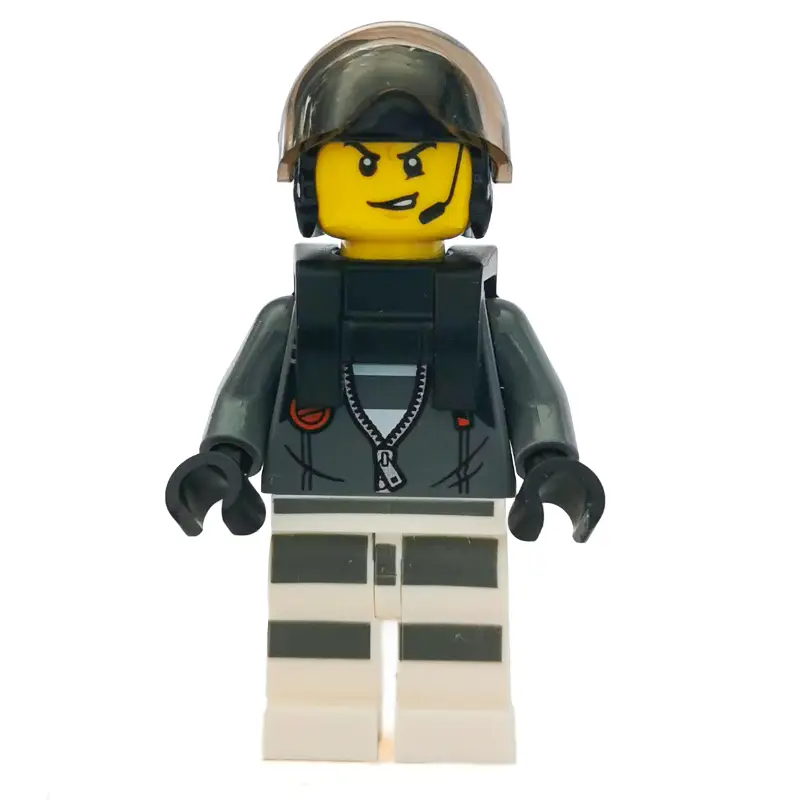 Criminal, Open Dark Bluish Gray Jacket with Zipper over Prison Shirt, Black Helmet with Visor, Neck Bracket, Headset