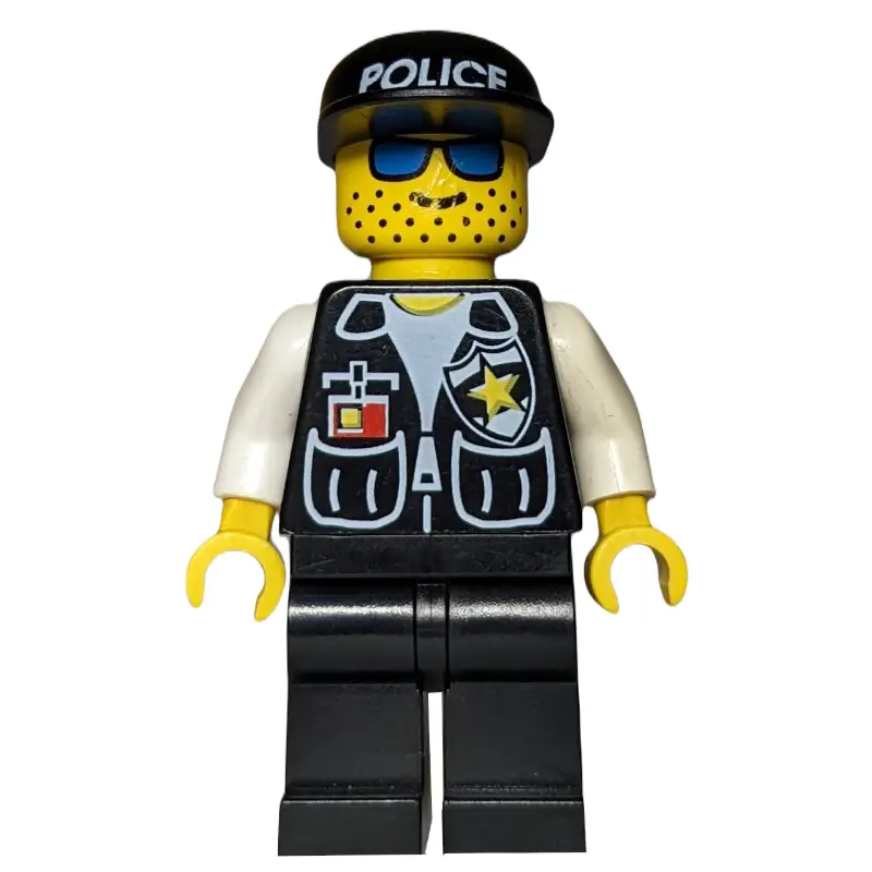 Policeman, Black Vest with Badge and Pockets, Black Legs, Black Cap with 'POLICE', Blue Sunglasses