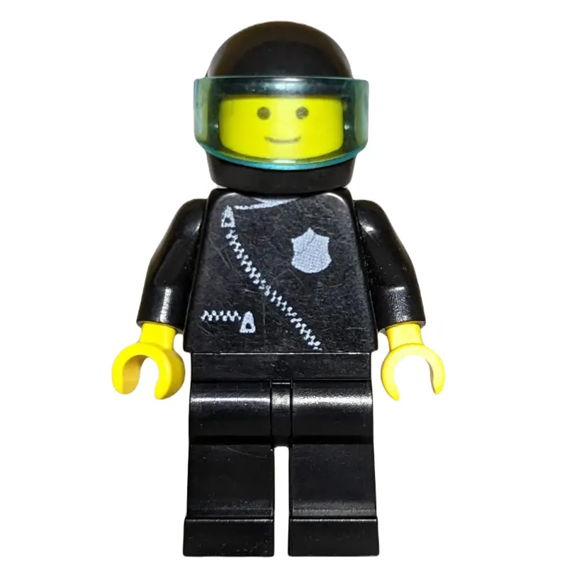 Policeman, Black Jacket with Zipper and Badge, Black Helmet with Visor