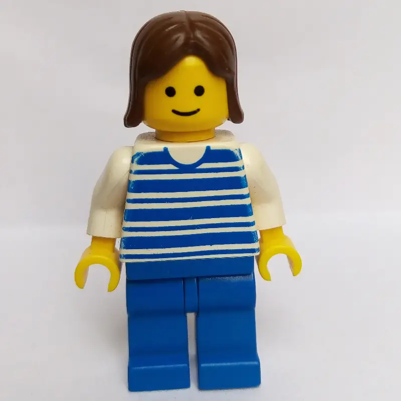 Woman, Blue and White Stripe Shirt, Blue Legs, Brown Hair