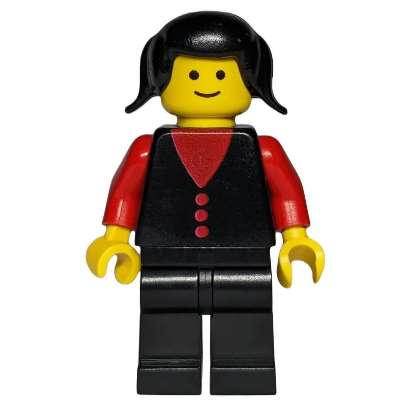 Woman, Black Vest over Red Top, Black Legs, Black Hair