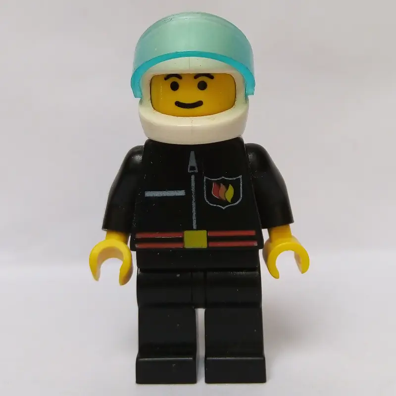 Fireman, Black Fire Jacket with Red Belt and Badge, White Helmet with Visor