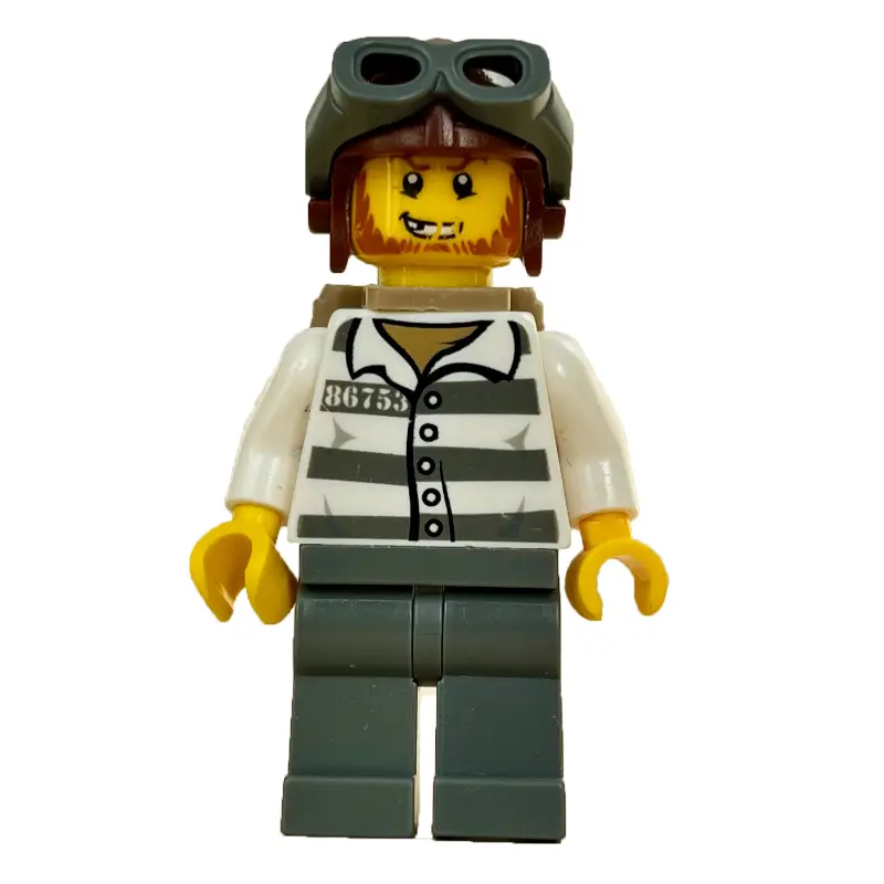 Criminal, Prison Shirt with #86753, Dark Bluish Gray Legs, Reddish Brown Helmet with Goggles, Dark Tan Backpack, Beard
