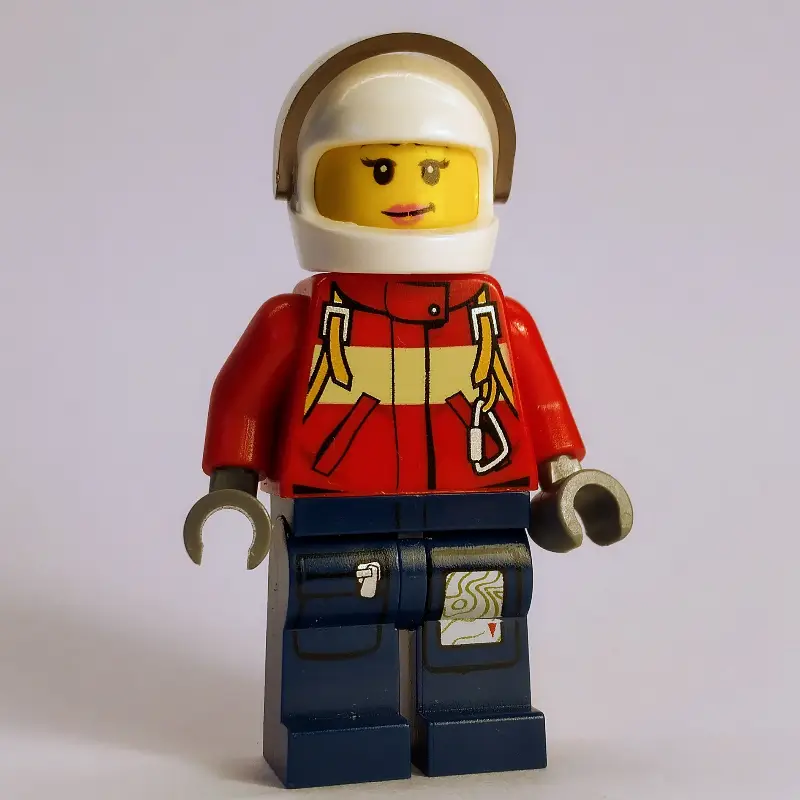 Firewoman, Red Jacket with Straps, Dark Blue Legs, White Helmet with Visor