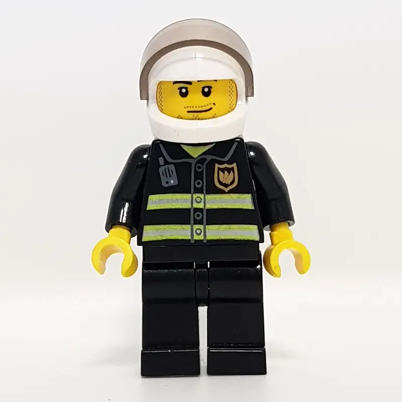 Fireman, Black Fire Jacket with Reflective Stripes, Radio, and Badge, White Helmet with Visor, Stubble