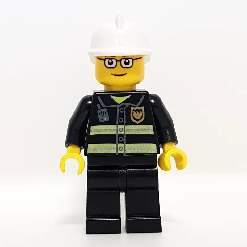 Fireman, Black Fire Jacket with Reflective Stripes, Radio, and Badge, White Helmet, Glasses