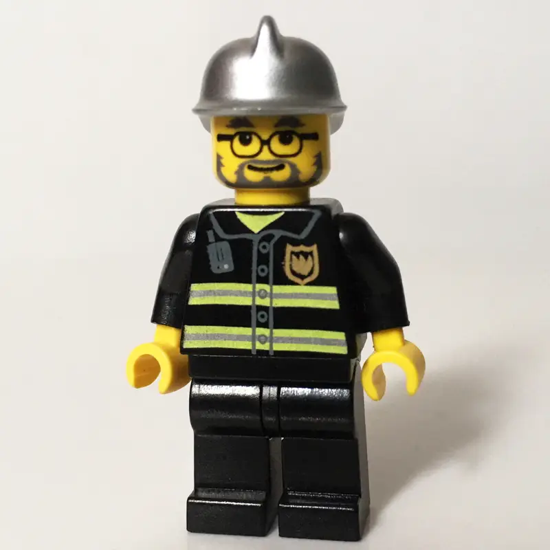 Fireman, Black Fire Jacket with Reflective Stripes, Radio, and Badge, Silver Helmet, Beard and Glasses