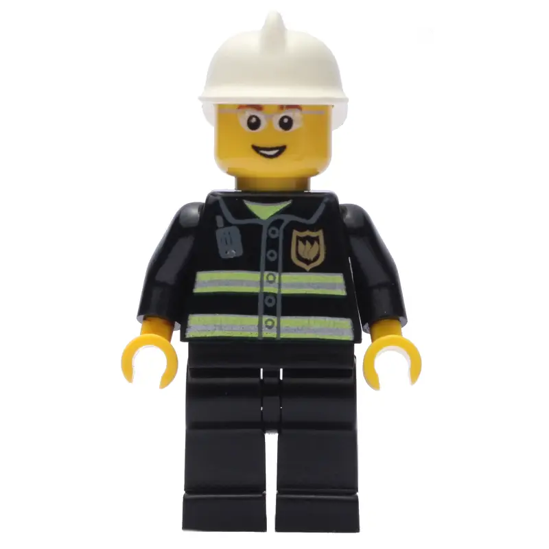 Fireman, Black Fire Jacket with Reflective Stripes, Radio, and Badge, White Helmet, Glasses