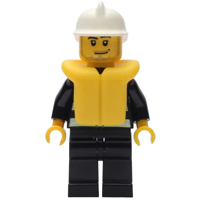 Fireman, Black Fire Jacket with Reflective Stripes, Radio, and Badge, White Helmet, Yellow Life Vest 2610, Stubble