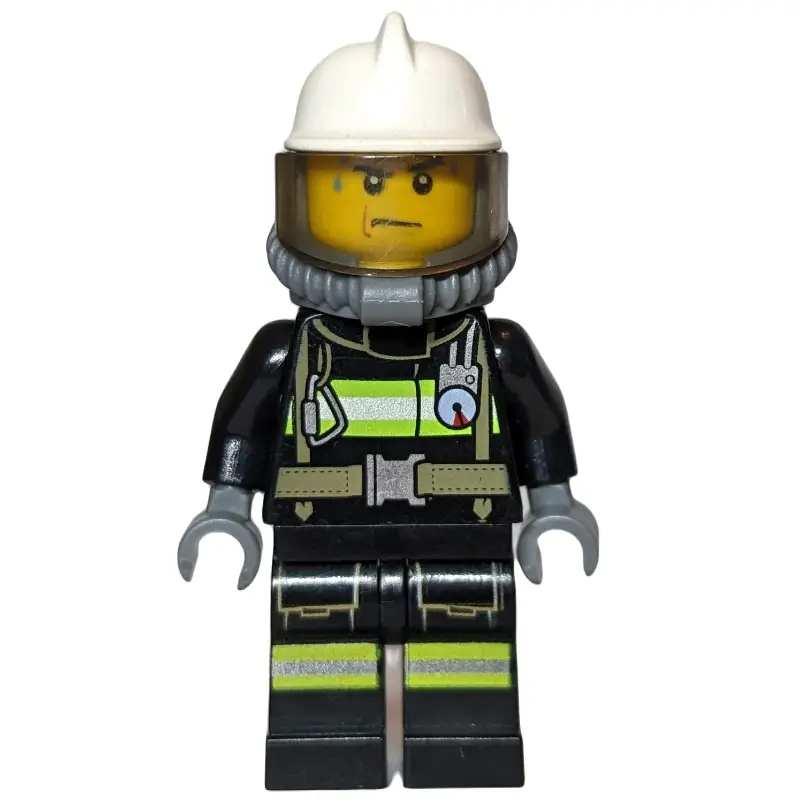 Fireman, Black Fire Suit with Gauge and Straps, White Helmet, Breathing Apparatus, Airtanks, Sweat Drops
