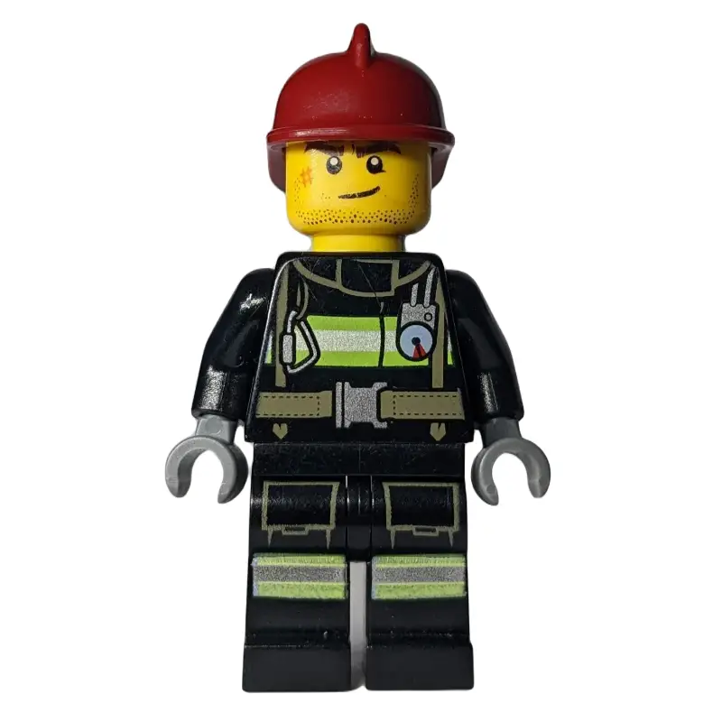 Fireman, Black Fire Suit with Gauge and Straps, Dark Red Helmet, Stubble and Scar