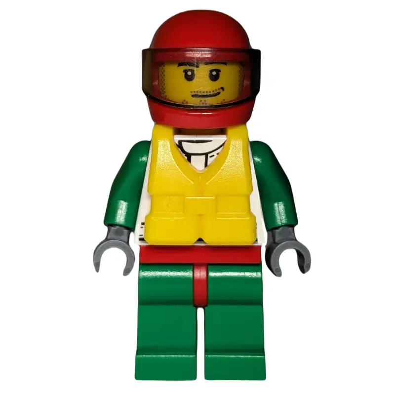 Racer, White and Green Jacket with Octan Logo, Red Helmet with Trans-Brown Visor, Yellow Life Vest, Stubble