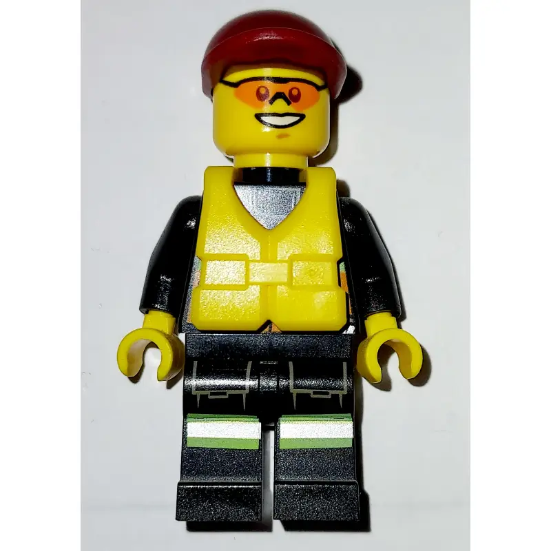 Fireman, Orange Safety Vest with Radio, Dark Red Cap, Yellow Life Vest, Orange Sunglasses