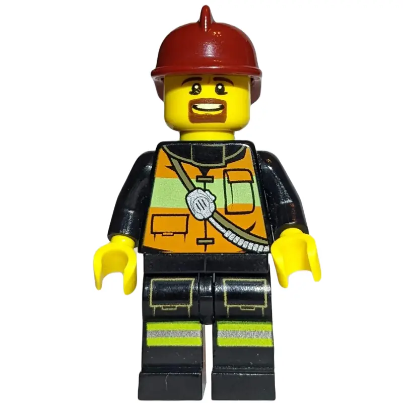 Fireman, Orange Safety Vest with Radio, Dark Red Helmet, Goatee Beard