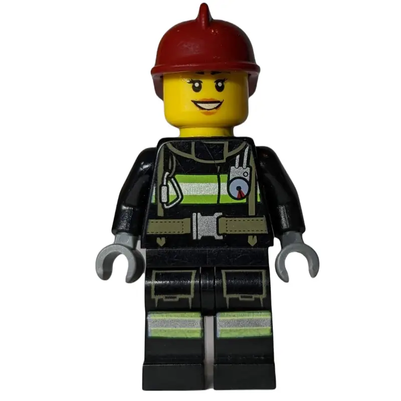 Firewoman, Black Fire Suit with Gauge and Straps, Dark Red Helmet