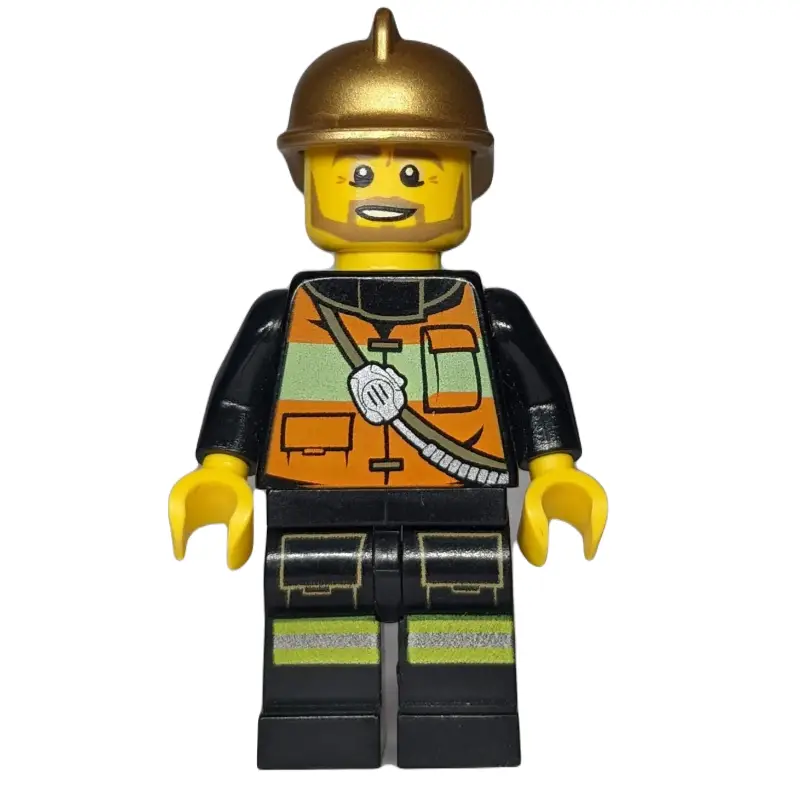 Fireman, Orange Safety Vest with Radio, Gold Helmet, Beard