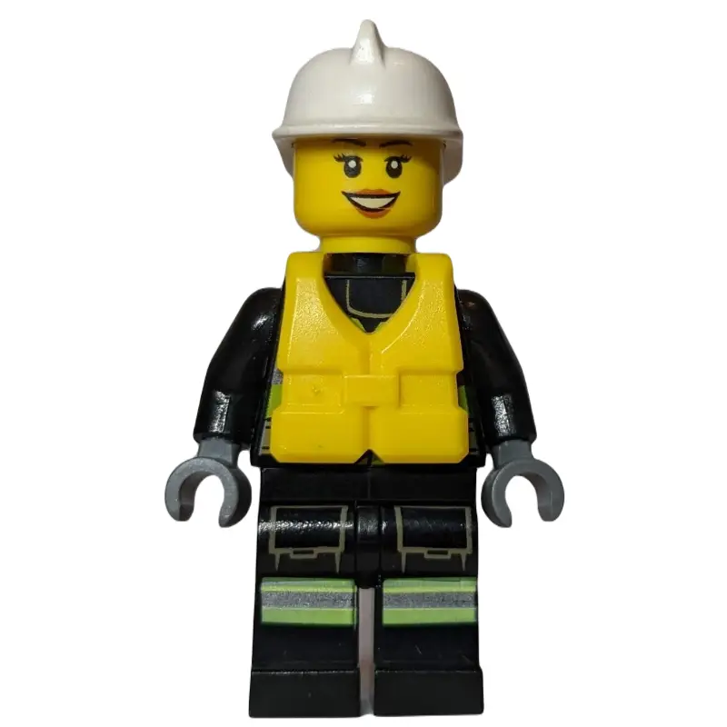 Firewoman, Safety Vest with Flashlight, Pocket, and Belt, White Helmet, Yellow Life Vest