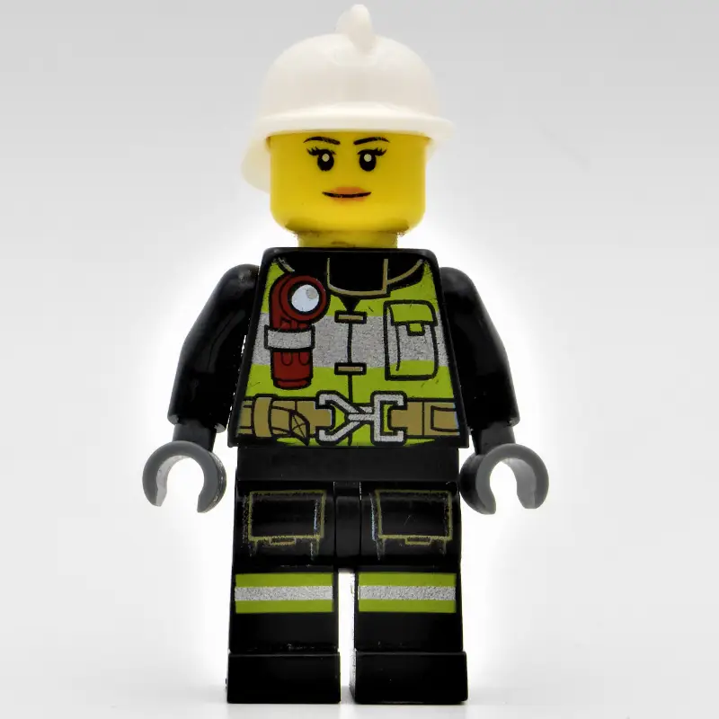 Firewoman, Black Fire Suit with Gauge and Straps, White Helmet