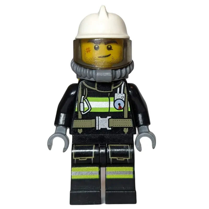 Fireman, Black Fire Suit with Gauge and Straps, White Helmet, Breathing Apparatus, Airtanks, Stubble and Scar