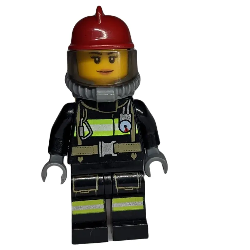 Firewoman, Black Fire Suit with Gauge and Straps, Dark Red Helmet, Breathing Apparatus, Airtanks