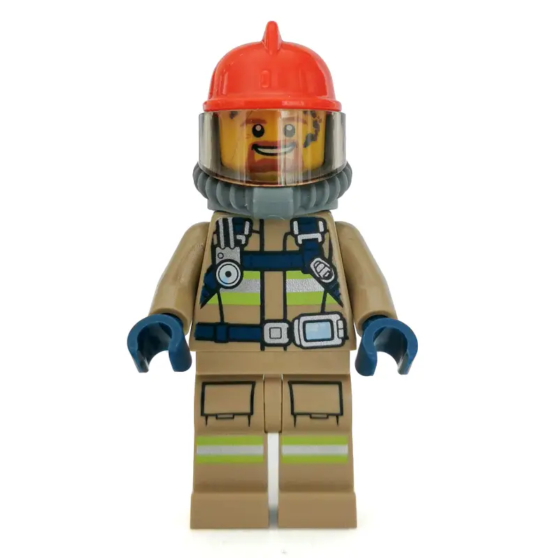 Fireman, Dark Tan Fire Suit with Gauge and Straps, Red Helmet, Breathing Apparatus, Airtanks, Goatee Beard