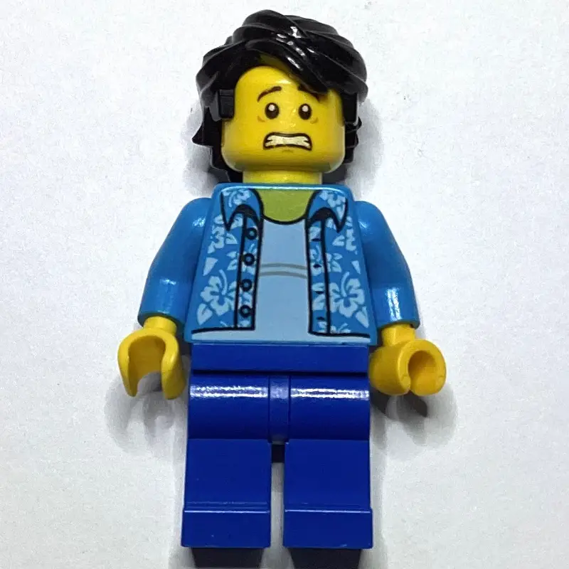 Man, Open Dark Azure Hawaiian Shirt, Blue Legs, Black Hair