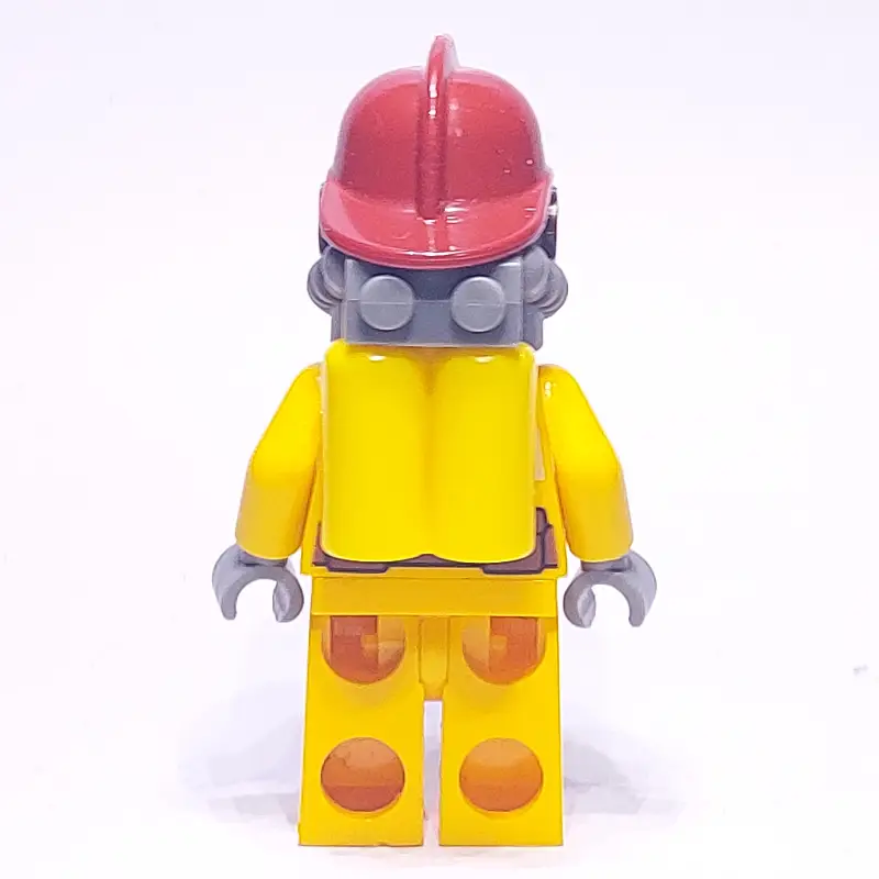 Fireman, Bright Light Orange Fire Suit, Dark Red Helmet, Breathing Apparatus, Airtanks