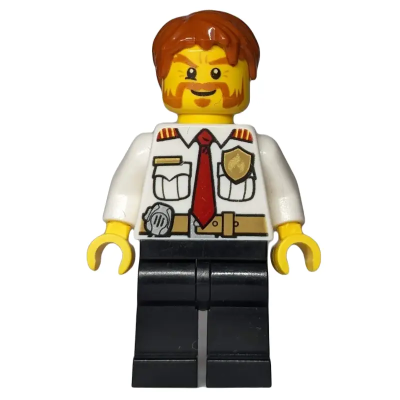 Fireman, White Shirt with Red Tie, Badge, and Radio on Belt, Dark Orange Hair, Mutton Chops and Moustache