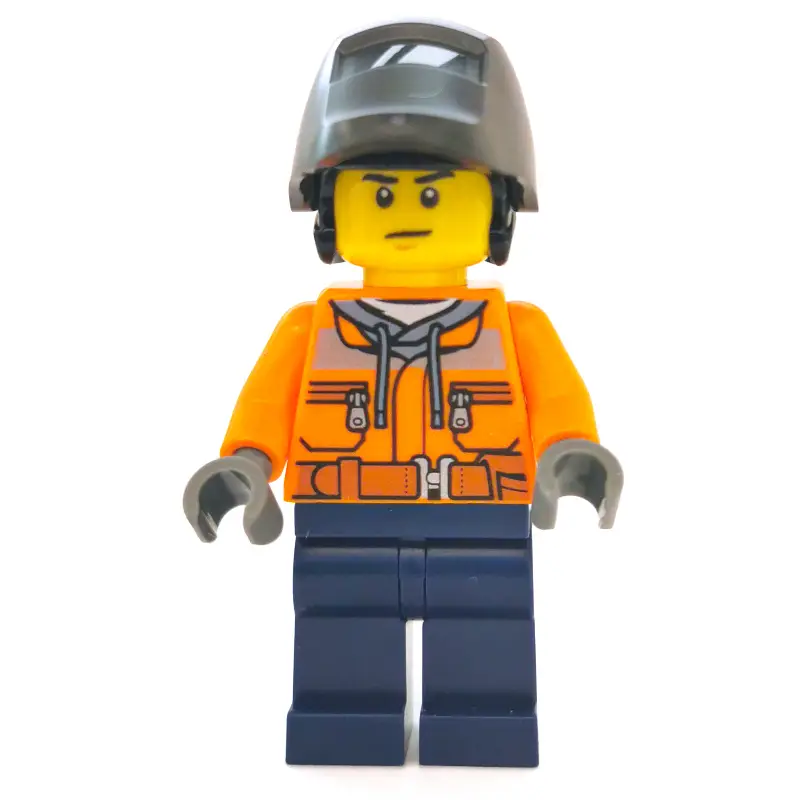Construction Worker, Orange Jacket with Zipper and Reflective Stripes, Dark Blue Legs, Welding Mask