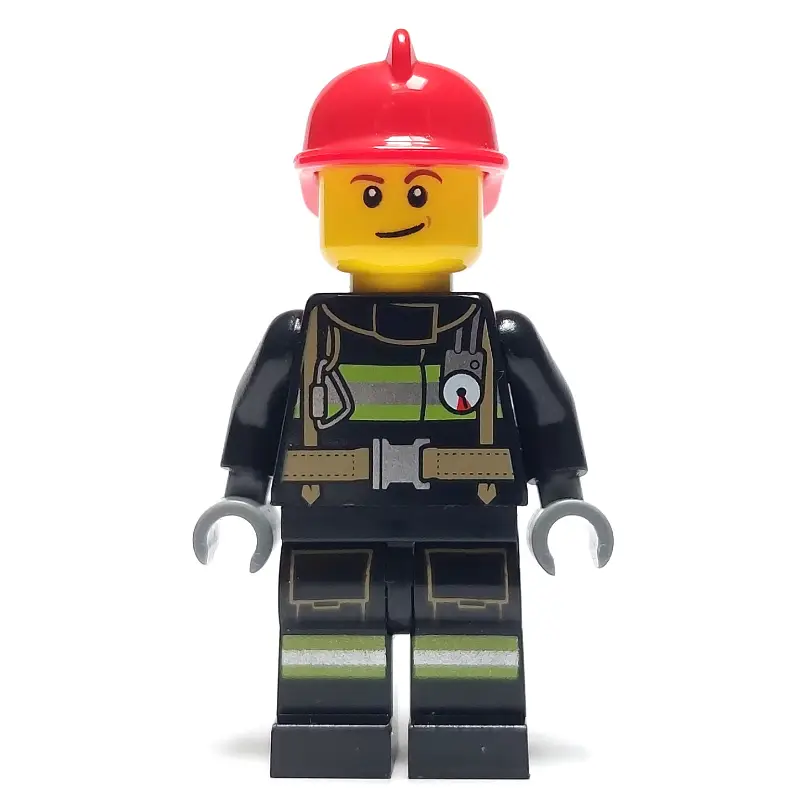 Fireman, Black Fire Suit with Gauge and Straps, Red Helmet