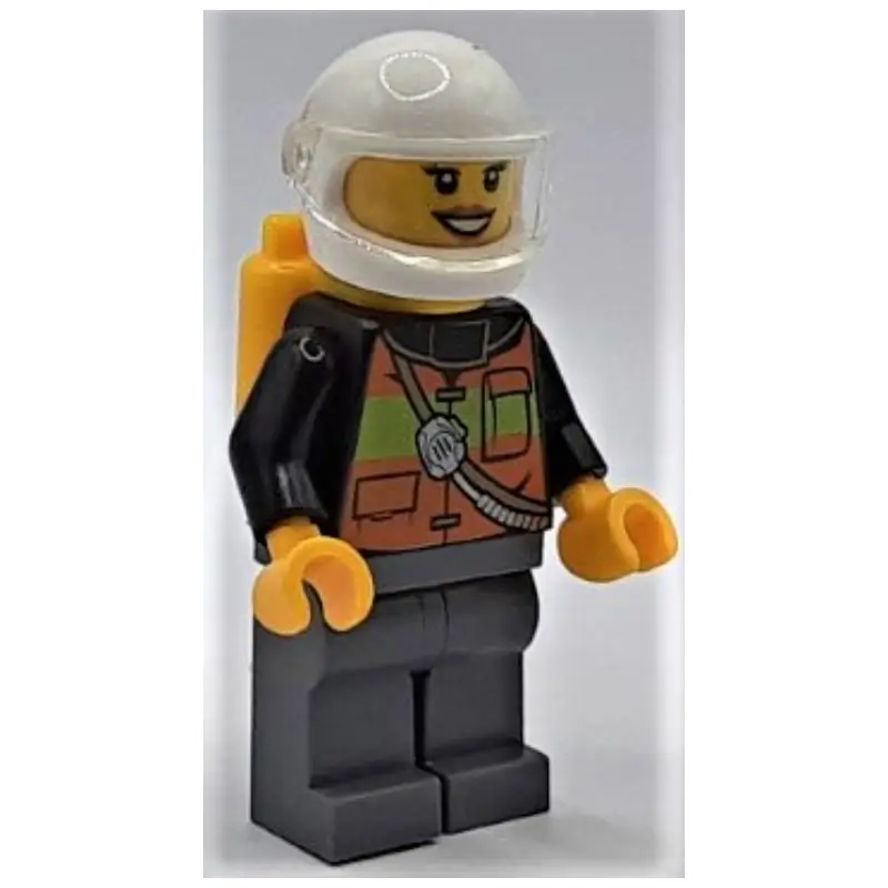 Firewoman, Orange Safety Vest with Radio, White Helmet with Visor, Airtanks