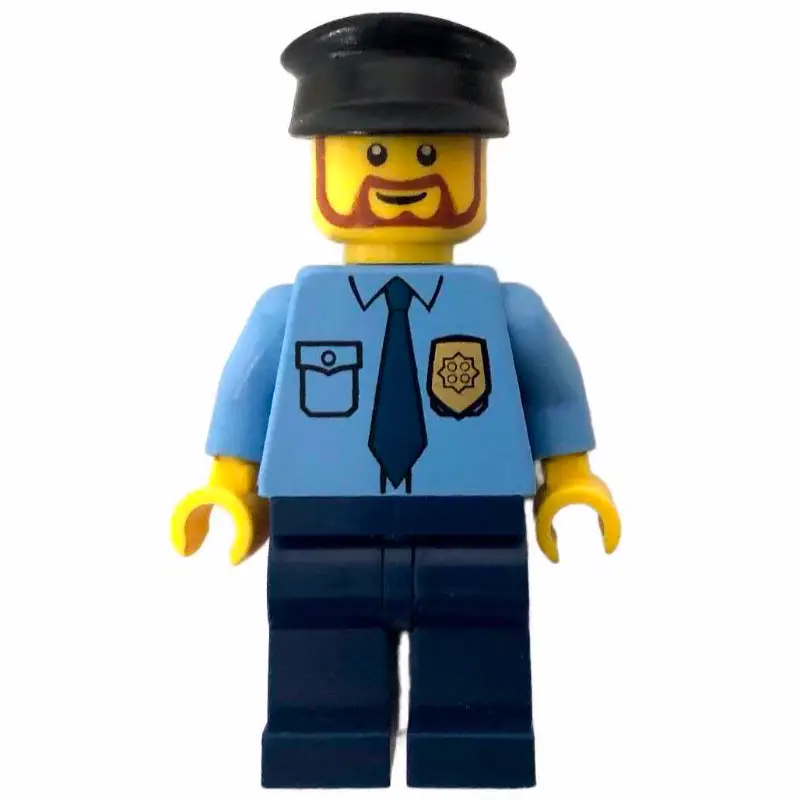 Policeman, Medium Blue Shirt with Badge and Tie, Dark Blue Legs, Black Hat, Beard