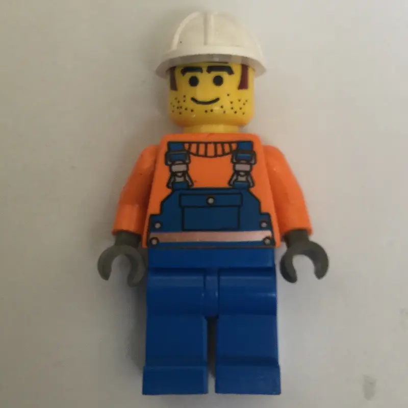 Construction Worker, Blue Overalls over Orange Sweater, White Hard Hat, Printed Hair and Stubble