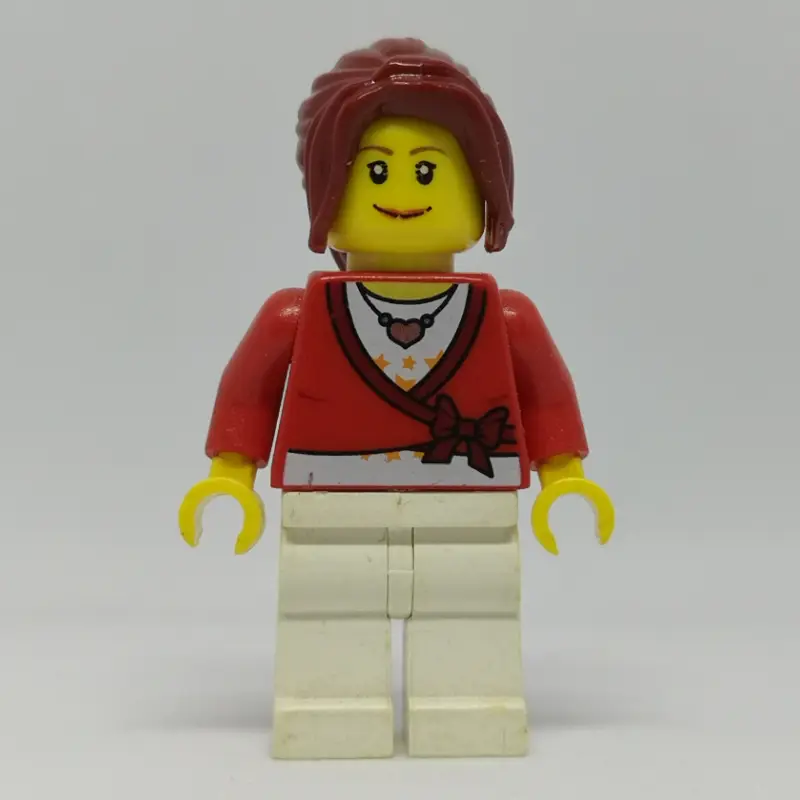 Woman, Cardigan Tied with Bow and Necklace, White Legs, Dark Red Hair