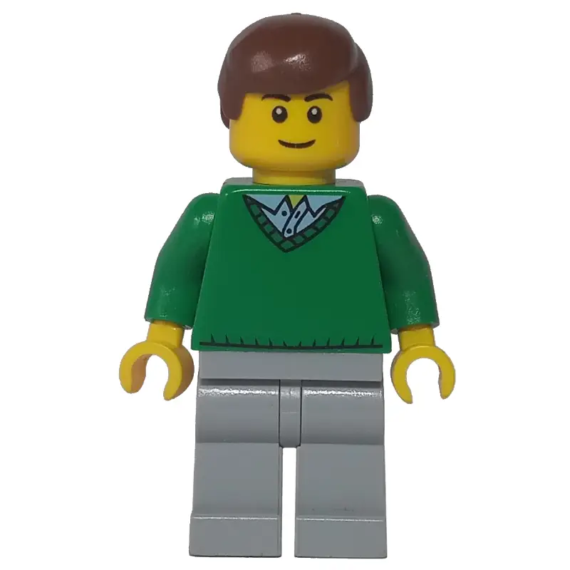 Man, Green V-Neck Sweater, Light Bluish Gray Legs, Reddish Brown Hair
