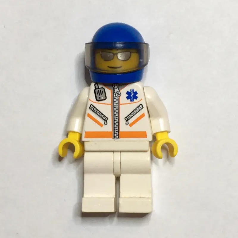 Paramedic, White Jacket with Zipper, Radio and Star of Life, Blue Helmet with Visor, Silver Sunglasses