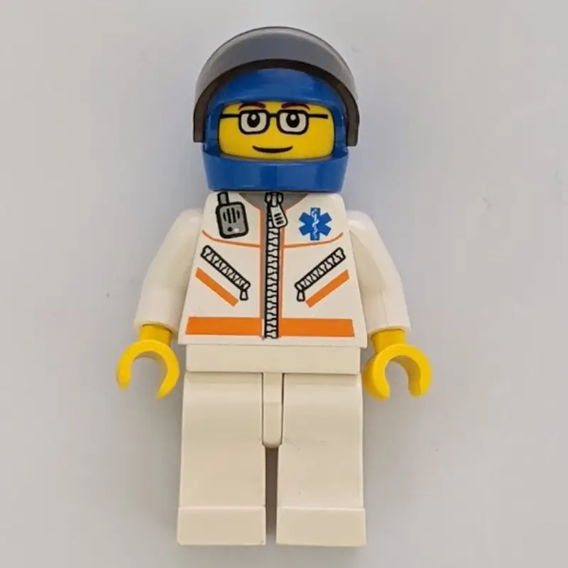 Paramedic, White Jacket with Zipper, Radio and Star of Life, Blue Helmet with Visor, Glasses