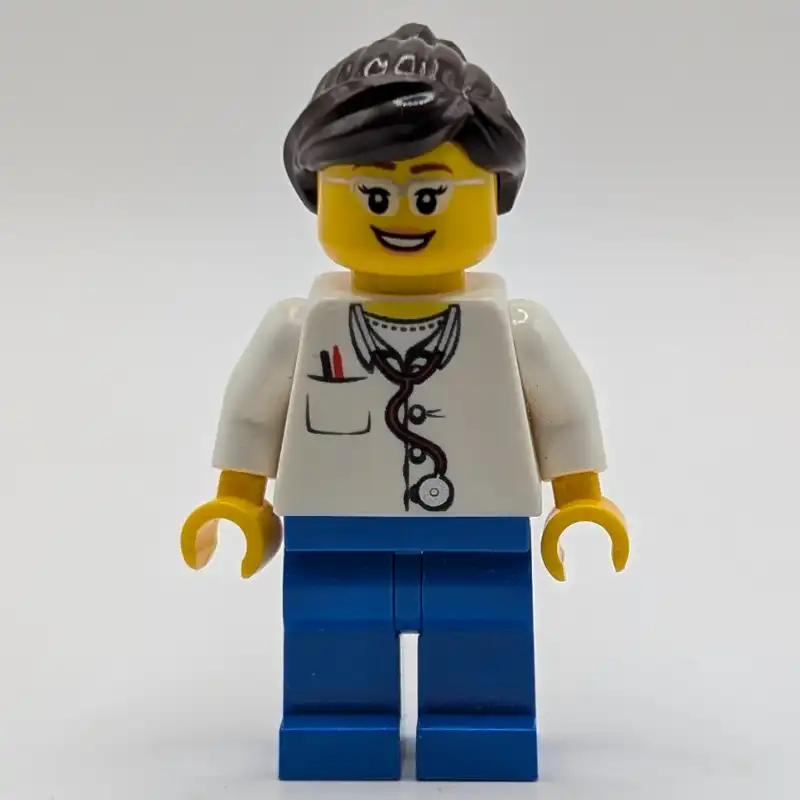 Doctor, Woman, White Shirt with Pocket and Stethoscope, Blue Legs, Dark Brown Hair, Glasses