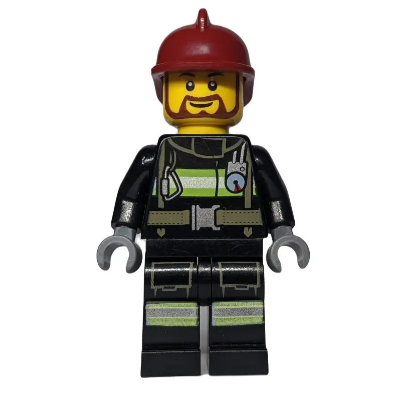 Fireman, Black Fire Suit with Gauge and Straps, Black Legs, Dark Red Helmet, Beard