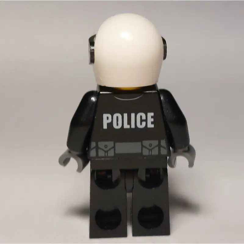 Policeman, Black Jacket with Zipper, Radio, and Badge, White Helmet and Visor, Brown Eyebrows