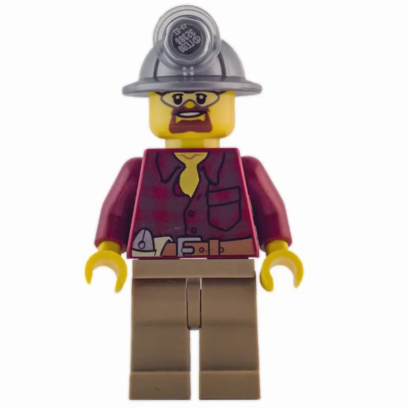 Miner, Dark Red Flannel Shirt, Dark Tan Legs, Mining Hat, Goatee Beard and Goggles