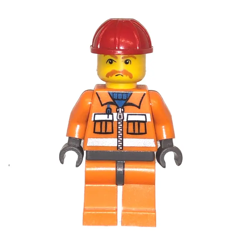 Construction Worker, Orange Jacket with Zipper and Reflective Stripes, Orange Legs, Red Hard Hat, Moustache