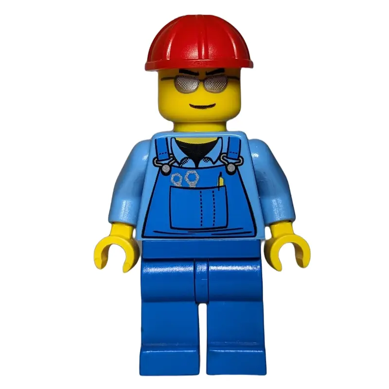 Construction Worker, Blue Overalls over Medium Blue Shirt, Red Hard Hat, Silver Sunglasses