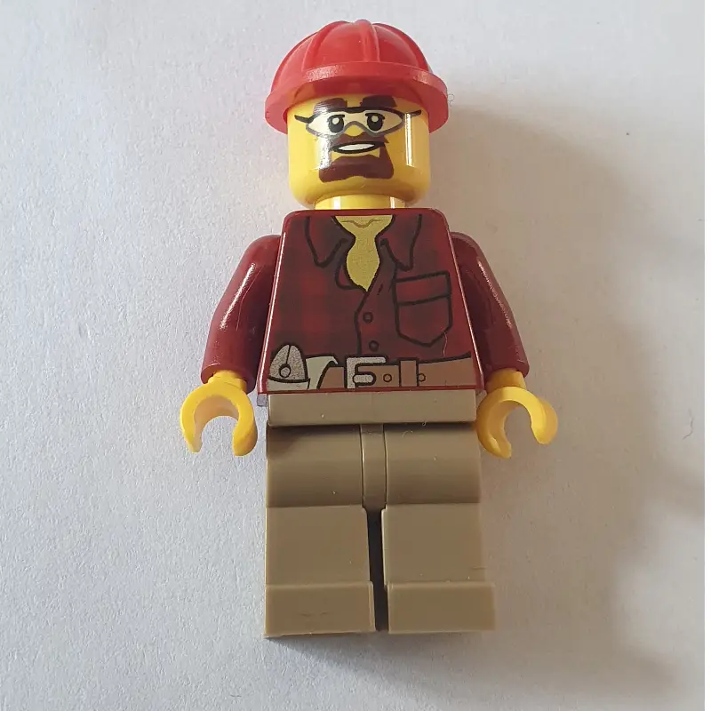 Construction Worker, Dark Red Flannel Shirt, Red Hard Hat, Goatee Beard and Safety Glasses